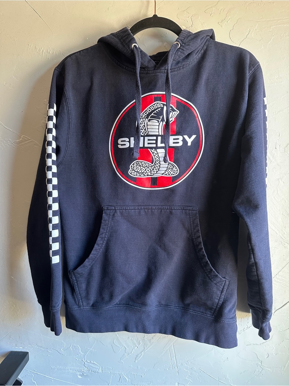 Shelby Cobra Racing Hoodie Checkerboard Streetwear Y2K Moto Navy Black Mens Sz S